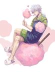  apron cotton_candy gintama hangleing looking_at_viewer male_focus sakata_gintoki silver_hair slippers solo 