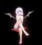  barefoot bat_wings black_background collarbone crossed_legs fangs feet full_body hand_on_leg hand_up legs looking_at_viewer no_hat no_headwear nude open_mouth purple_hair red_eyes remilia_scarlet short_hair simple_background sitting sitting_on_object solo thighs toenails toes touhou wings 