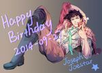  birthday black_hair blue_eyes boots character_name dated happy_birthday heicrosshong highres jacket jojo_no_kimyou_na_bouken joseph_joestar_(young) male_focus necktie pointing pointing_up red_jacket solo suspenders 