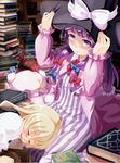  blonde_hair blush book book_stack bow crescent furyouhin_(bubumelon) hair_bow hat kirisame_marisa lap_pillow long_hair looking_at_viewer multiple_girls open_mouth patchouli_knowledge purple_eyes purple_hair sitting sleeping smile touhou witch_hat 