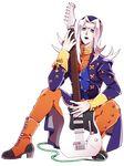  black_lipstick cosplay electric_guitar grey_hair guitar hat highres instrument jacket jojo_no_kimyou_na_bouken leone_abbacchio lillian2247 lipstick makeup male_focus otoishi_akira otoishi_akira_(cosplay) purple_eyes silver_hair solo 