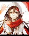  brown_eyes brown_hair daasaki hair_ornament hairclip highres hood hoodie kagerou_project long_hair red_scarf scarf solo tateyama_ayano 