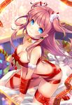  arm_support bad_id bad_pixiv_id bell bell_collar blue_eyes breasts card_(medium) christmas cleavage collar highres jam_roll kneeling large_breasts long_hair majo_taisen_chronicle naked_ribbon nude pink_hair ribbon smile solo two_side_up 