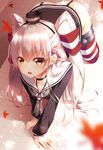  all_fours amatsukaze_(kantai_collection) brown_eyes garter_straps hair_tubes hairband hat highres kantai_collection leaf long_hair looking_at_viewer maple_leaf no_panties open_mouth shokuyou_mogura silver_hair solo striped striped_legwear thighhighs two_side_up 