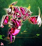  2boys armor claws commentary_request emphasis_lines full_body green_background jojo_no_kimyou_na_bouken mecha multiple_boys pointing pointing_forward robot running spikes stardust_crusaders uc-lab wheel_of_fortune_(stand) zz_(jojo) 