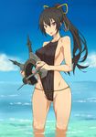  akitetsu alternate_hairstyle bad_id bad_twitter_id black_hair headgear headgear_removed highres kantai_collection long_hair looking_at_viewer nagato_(kantai_collection) ocean one-piece_swimsuit ponytail red_eyes solo swimsuit wading water 