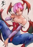  1girl bare_shoulders bat_print bat_wings collarbone demon_girl head_wings highres leotard lilith_aensland pantyhose patterned_legwear pink_hair print_legwear red_eyes short_hair solo sowel_(sk3) succubus vampire_(game) wings 