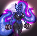  2014 abs absurd_res anthro anthrofied blue_eyes blue_hair breasts cleavage clothed clothing dumbbell dumbbells equine erect_nipples female friendship_is_magic glare glowing hair hi_res horn looking_at_viewer magic mammal moon my_little_pony navel nipples ponytail princess_luna_(mlp) shorts sixpathoffriendship solo sparkles standing weights winged_unicorn wings 