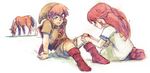  1boy 1girl bandage blonde_hair boots braid dress epona hat horse injury link long_hair malon nintendo ocarina_of_time plain_background pointy_ears rachel_elm red_hair rvsa shield sitting the_legend_of_zelda the_legend_of_zelda:_ocarina_of_time tunic 