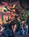  anbe_yoshirou breasts cleavage detached_sleeves dress eyepatch fang guardian_cross hat legs long_hair magic medium_breasts monkey official_art original outstretched_arm pink_eyes red_eyes red_hair solo square_enix thigh_strap umbrella witch witch_hat 