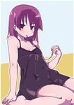  bare_shoulders barefoot hiyo_kotori lingerie looking_at_viewer miyanaga_teru mouth_hold negligee purple_eyes red_hair ribbon saki short_hair sitting sleeveless solo underwear wariza 