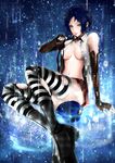  boots breasts cleavage fingerless_gloves gloves green_eyes marie_(persona_4) no_bra open_clothes open_shirt persona persona_4 persona_4_the_golden rain shirt striped striped_gloves striped_legwear torn_legwear 