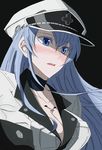  1girl akame_ga_kill! aqua_eyes aqua_hair black_background blue_eyes blue_hair blush breasts choker cleavage colored_eyelashes esdeath esdese female general general(shogun) hat highres large_breasts long_hair military military_uniform peaked_cap solo tattoo uniform 