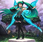  bare_shoulders black_legwear blue_wings boots bug butterfly butterfly_wings detached_sleeves flat_chest green_eyes green_hair hatsune_miku headphones high_heel_boots high_heels highres insect long_hair microphone music necktie neon_trim open_mouth ryu_shou singing skirt solo tattoo thigh_boots thighhighs twintails very_long_hair vocaloid wide_sleeves wings zettai_ryouiki 