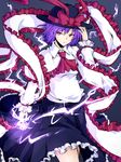 ascot bow capelet frills hair_bow hand_on_headwear hand_up hat ishimu nagae_iku purple_hair red_eyes shawl solo sparks touhou 