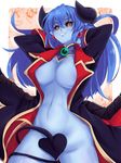  arms_behind_head astaroth_(shinrabanshou) black_sclera blue_hair blue_skin breasts brown_eyes demon_girl demon_tail earrings heart heart_earrings jewelry large_breasts long_hair looking_at_viewer no_panties open_clothes pointy_ears shinrabanshou slit_pupils smile solo tail tail_censor wings yude 