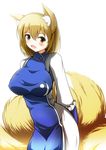  animal_ears backlighting blonde_hair blush breasts dress fox_ears fox_tail large_breasts long_sleeves looking_at_viewer merry_(diameri) no_hat no_headwear open_mouth solo tabard tail touhou white_dress yakumo_ran yellow_eyes 