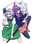  animal_ears black_legwear blazer bunny_ears green_eyes ishimu jacket katana konpaku_youmu konpaku_youmu_(ghost) multiple_girls necktie purple_hair red_eyes red_neckwear reisen_udongein_inaba sheath sheathed silver_hair sword touhou weapon 