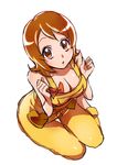  barefoot bow breasts brown_eyes brown_hair chiyo_(rotsurechiriha) cleavage full_body happinesscharge_precure! kneeling large_breasts naked_overalls oomori_yuuko overalls precure short_hair solo thigh_gap white_background 