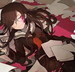  bad_id bad_pixiv_id blood brown_hair closed_eyes danganronpa fukawa_touko glasses hair_ornament hairclip long_hair paper pink_blood round_eyewear school_uniform serafuku shina_000 sleeping solo zettai_zetsubou_shoujo 