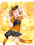  blue_eyes blush food food_themed_hair_ornament frilled_legwear fruit gloves grandia_bing hair_ornament hat kousaka_honoka love_live! love_live!_school_idol_project one_eye_closed one_side_up open_mouth orange orange_(color) orange_hair orange_shirt polka_dot_skirt puffy_short_sleeves puffy_sleeves shirt short_sleeves skirt smile solo striped striped_legwear thighhighs white_gloves 