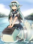  animal_ears bag blouse blue_eyes blue_hair blush character_request copyright_request hairband head_fins highres long_hair mermaid miniskirt monster_girl one_eye_closed pleated_skirt school_bag school_uniform serafuku short_sleeves skirt solo yudepii 