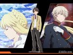  2boys aldnoah.zero antenna_hair asseylum_vers_allusia blonde_hair blue_eyes brown_eyes brown_hair closed_eyes gloves highres kaizuka_inaho kiikii_(kitsukedokoro) military military_uniform multiple_boys necktie official_style pants profile school_uniform slaine_troyard uniform wallpaper white_gloves 