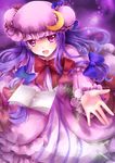  blush book bow crescent crescent_hair_ornament double_bun hair_bow hair_ornament hat long_hair looking_at_viewer open_mouth outstretched_hand patchouli_knowledge purple_eyes purple_hair sakura_ran solo sparkle touhou 