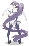  absurdly_long_hair akitetsu bad_id bad_twitter_id dress full_body gloves hair_ribbon hatsuharu_(kantai_collection) highres kantai_collection long_hair looking_at_viewer looking_back ponytail purple_eyes purple_hair ribbon sailor_dress solo thighhighs very_long_hair white_background 