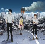  2boys bag belt black_hair building cityscape cloud collared_shirt day destruction explosion expressionless fire full_body glasses handbag hands_in_pockets highres kneehighs loafers looking_at_viewer miniskirt mishima_lisa multiple_boys nine_(zankyou_no_terror) official_art outdoors pocket rubble ruins school_uniform shirt shoes short_hair skirt sky skyscraper smoke standing sweater_vest terrorism terrorist twelve_(zankyou_no_terror) watch white_shirt zankyou_no_terror 