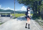  black_eyes black_hair clouds coffee-kizoku kneehighs long_hair original scenic seifuku shiramine_rika skirt sky 