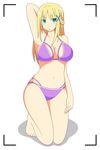  1girl armpits artist_request bikini blonde_hair breasts cleavage conception_2 curvy green_eyes kneeling large_breasts long_hair looking_at_viewer pose solo swimsuit 