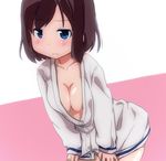  blue_eyes blush breasts cardigan hiyo_kotori leaning_forward medium_breasts naked_cardigan onjouji_toki saki school_uniform solo 