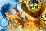  beak bird blue_eyes burning cloud dark_clouds feathered_wings feathers fire flying gen_1_pokemon legendary_pokemon moltres no_humans pokemon pokemon_(creature) realistic red_eyes ruth-tay sky snow thunder tongue wings zapdos 