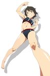  akitetsu alternate_costume bad_id bad_twitter_id barefoot foreshortening grin highres jpeg_artifacts kantai_collection miyuki_(kantai_collection) navel shadow short_hair simple_background smile solo sports_bikini sports_bra underwear underwear_only white_background 