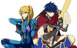  1girl armor bad_id bad_twitter_id blonde_hair blue_eyes blue_hair cape fire_emblem fire_emblem:_akatsuki_no_megami green_eyes gun headband ike kudakeru long_hair metroid ponytail samus_aran shoulder_pads simple_background super_smash_bros. sword weapon work_in_progress zero_suit 