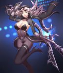  bandages black_legwear blade boots breasts brown_eyes citemer cleavage hat high_heels highres irelia large_breasts league_of_legends long_hair long_legs looking_at_viewer navel pantyhose silver_hair smile solo sunglasses thigh_boots thighhighs 