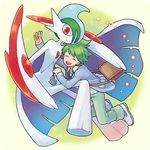  1girl :d ^_^ arm_blade bag cape closed_eyes gallade gen_4_pokemon green_hair horns hug ikra_(katacoly) jewelry mega_gallade mega_pokemon mitsuru_(pokemon) necklace open_mouth pokemon pokemon_(creature) pokemon_(game) pokemon_oras red_eyes short_hair shoulder_bag smile weapon 