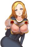  armor blonde_hair blue_eyes bodysuit breasts cellphone citemer highres league_of_legends long_hair looking_at_viewer luxanna_crownguard nipples open_mouth phone self_shot small_breasts solo 