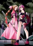  2girls aerith_gainsborough bow brown_hair earrings eudetenis final_fantasy final_fantasy_vii from_behind gloves green_eyes hair_bow jewelry long_hair looking_at_viewer looking_back low-tied_long_hair multiple_girls skirt staff standing tifa_lockhart very_long_hair weapon 