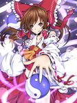  :q ascot bare_shoulders bow brown_eyes brown_hair collarbone detached_sleeves hair_bow hair_tubes hakurei_reimu ishimu ponytail solo tongue tongue_out touhou yin_yang 