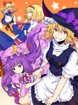  alice_margatroid apron ascot blonde_hair blue_eyes bow braid crescent crescent_hair_ornament hair_bow hair_ornament hairband hat hat_bow highres ishimu kirisame_marisa long_hair multiple_girls patchouli_knowledge purple_background purple_hair shanghai_doll side_braid touhou very_long_hair waist_apron witch_hat yellow_eyes 