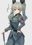  :&lt; anchovy anzio_military_uniform belt black_shirt blush commentary cowboy_shot dress_shirt drill_hair girls_und_panzer green_hair grey_jacket grey_pants grey_shirt hair_ribbon hand_on_hip highres jacket long_hair long_sleeves looking_at_viewer military military_uniform necktie pants red_eyes ribbon riding_crop shirt shoulder_belt solo sumisu_(mondo) sweatdrop twin_drills twintails uniform v-shaped_eyebrows 