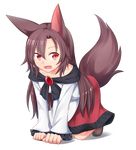  :d all_fours animal_ears brown_hair dress fang highres imaizumi_kagerou long_hair nogisaka_kushio open_mouth red_eyes smile solo tail touhou transparent_background wolf_ears wolf_tail 