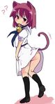  ? animal_ears bell blush cat_ears cat_tail highres hiyo_kotori kemonomimi_mode looking_at_viewer looking_back miyanaga_teru mouth_hold no_panties saki shiraitodai_school_uniform simple_background solo tail white_background 