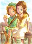  1boy 1girl blonde_hair blue_eyes boots brown_hair dress fence hat instrument link long_hair maichimonji malon nintendo ocarina ocarina_of_time pointy_ears sitting the_legend_of_zelda the_legend_of_zelda:_ocarina_of_time 