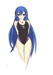  1girl akame_ga_kill! alternate_costume aqua_hair blue_eyes blue_hair blush breasts character_reques cleavage competition_swimsuit esdeath esdese highres long_hair looking_at_viewer medium_breasts one-piece_swimsuit solo standing swimsuit tattoo thighs very_long_hair white_background 