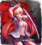  arm_up bad_id bad_pixiv_id blood blood_on_face bloody_clothes bloody_weapon breasts cleavage cowboy_shot dress_shirt flower holding holding_sword holding_weapon iceojin katana large_breasts long_hair looking_at_viewer low_twintails navel open_clothes orange_hair original pleated_skirt red_eyes shirt short_sleeves skirt solo sword twintails very_long_hair weapon 