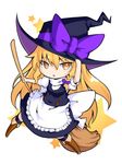  apron blonde_hair boots bow braid broom chibi full_body hat hat_bow ishimu kirisame_marisa long_hair open_mouth side_braid simple_background solo star touhou waist_apron white_background wide_sleeves witch_hat yellow_eyes 