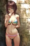  against_wall arm_behind_back bare_shoulders bikini blue_eyes blush breasts brick_wall brown_hair candy cleavage collarbone cowboy_shot food guchico holding large_breasts lollipop looking_at_viewer navel original short_hair smile solo standing stomach swimsuit 